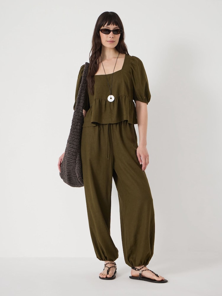 Hush Green Alva Puff Sleeve Linen Beach Top - Image 2 of 5