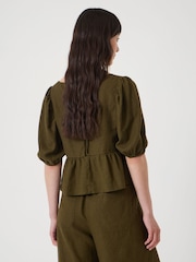 Hush Green Alva Puff Sleeve Linen Beach Top - Image 3 of 5