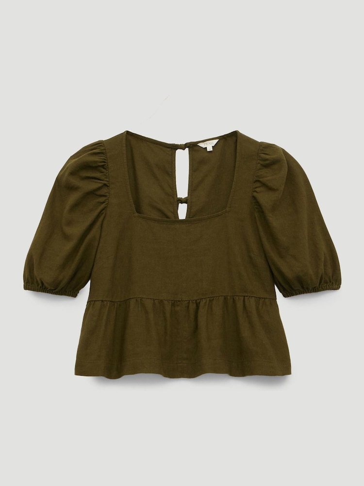 Hush Green Alva Puff Sleeve Linen Beach Top - Image 5 of 5
