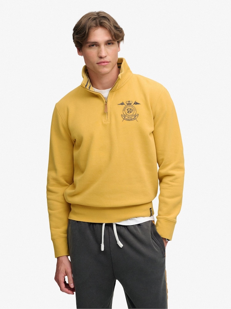 Superdry Yellow Gothic Varsity Half Zip Sweatshirt - Image 1 of 6 Superdry Yellow Gothic Varsity Half Zip Sweatshirt - Image 1 of 6