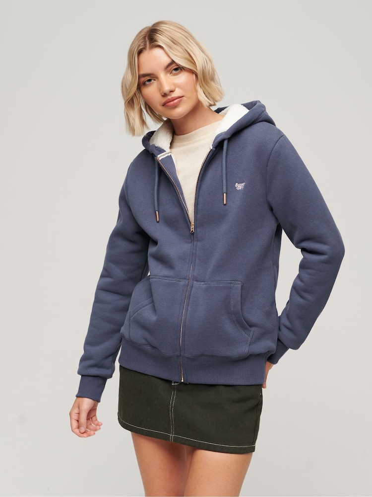 Mittelblau - Superdry Essential Hoodie mit Reißverschluss und Sherpa-Fleece-Futter aus 100 % Baumwolle - Bild 1 von 4