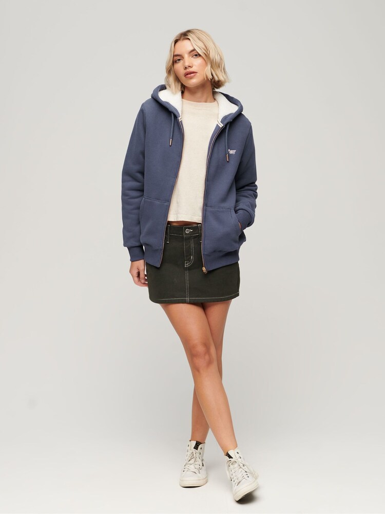 Mittelblau - Superdry Essential Hoodie mit Reißverschluss und Sherpa-Fleece-Futter aus 100 % Baumwolle - Bild 2 von 4