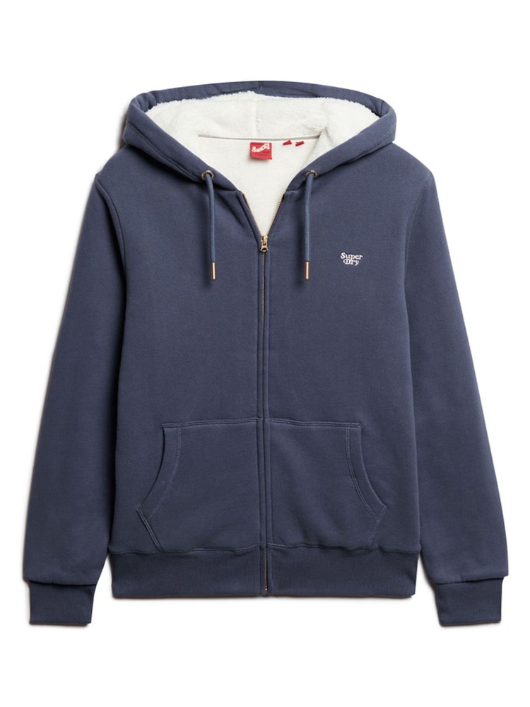 Mittelblau - Superdry Essential Hoodie mit Reißverschluss und Sherpa-Fleece-Futter aus 100 % Baumwolle - Bild 4 von 4