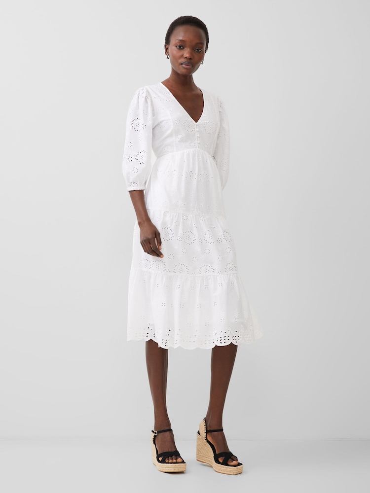 French Connection White 100% Cotton Broderie Anglaise Dress - Image 3 of 4