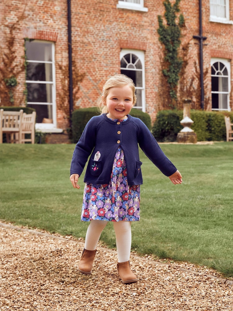 JoJo Maman Bébé Navy Blue Guinea Pig Floral Button Front Dress - Image 2 of 3