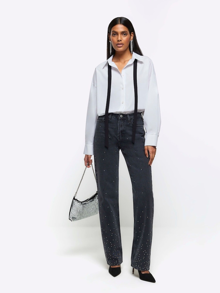 River Island Black Straight Embelished High Rise Non - Stretch Jeans - Image 1 of 5 River Island Black Straight Embelished High Rise Non - Stretch Jeans - Image 1 of 5
