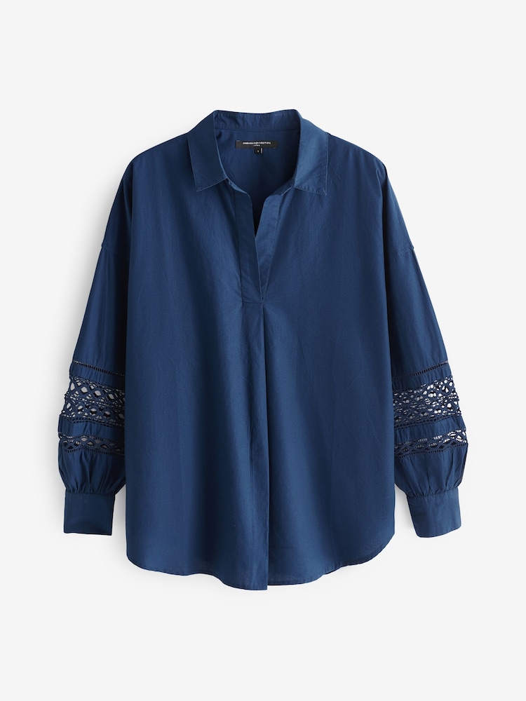 French Connection Blue Rhodes 100% Cotton Embroidered Shirt - Image 4 of 4