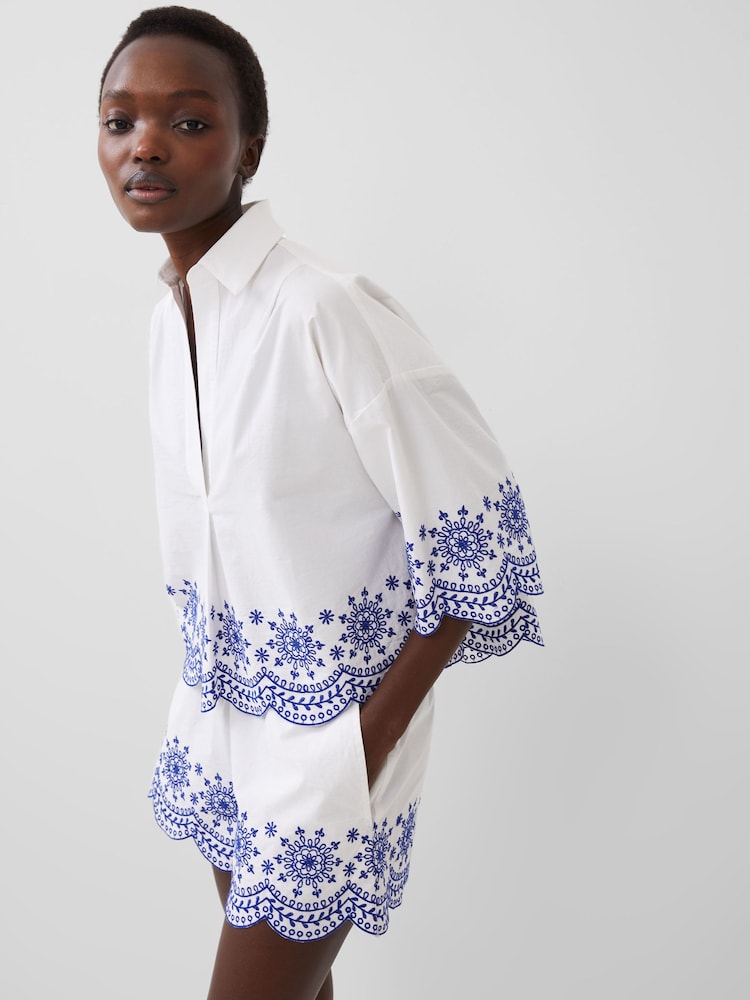 French Connection White 100% Cotton Embroidered Alissa Popover Shirt - Image 1 of 4