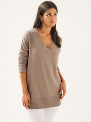 Taupe Brown Cosy Lightweight Soft Touch Longline V-Neck Jumper Top - Image 1 of 7