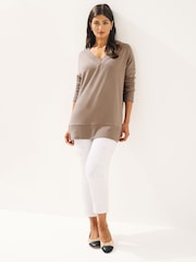 Taupe Brown Cosy Lightweight Soft Touch Longline V-Neck Jumper Top - Image 3 of 7
