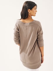 Taupe Brown Cosy Lightweight Soft Touch Longline V-Neck Jumper Top - Image 4 of 7