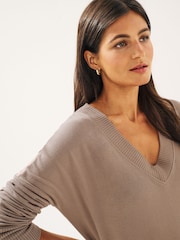 Taupe Brown Cosy Lightweight Soft Touch Longline V-Neck Jumper Top - Image 5 of 7
