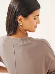 Taupe Brown Cosy Lightweight Soft Touch Longline V-Neck Jumper Top - Image 6 of 7