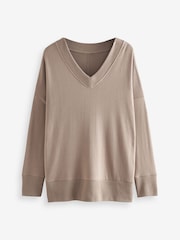 Taupe Brown Cosy Lightweight Soft Touch Longline V-Neck Jumper Top - Image 7 of 7
