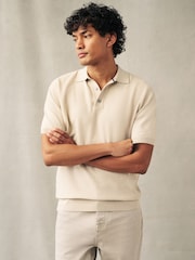 Neutral Knitted Bubble Textured Regular Fit Polo Shirt - Image 1 of 2