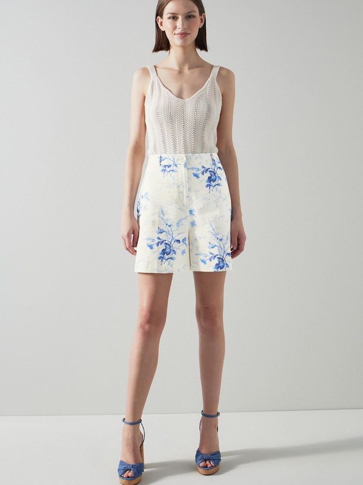 LK Bennett Fleur Blue And White Linen-Cotton Meadow Scene Shorts - Image 1 of 5 LK Bennett Fleur Blue And White Linen-Cotton Meadow Scene Shorts - Image 1 of 5