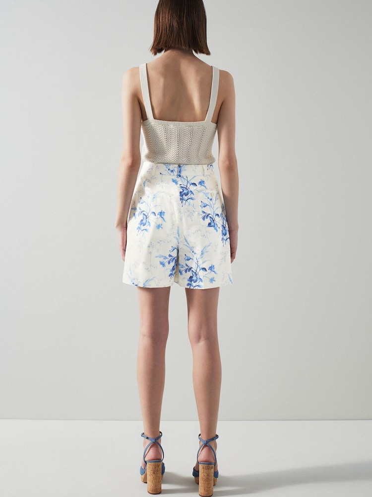 LK Bennett Fleur Blue And White Linen-Cotton Meadow Scene Shorts - Image 2 of 5 LK Bennett Fleur Blue And White Linen-Cotton Meadow Scene Shorts - Image 2 of 5