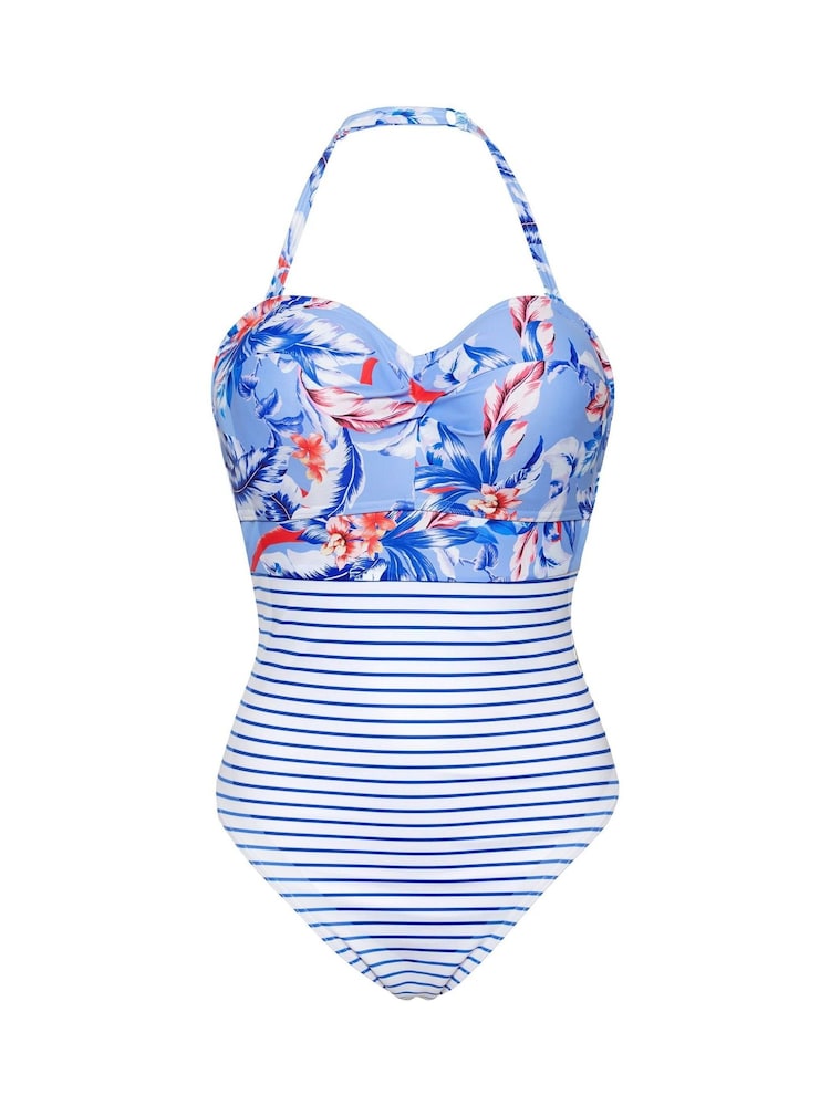 Figleaves Blue Tahiti Underwired Twist Bandeau Tummy Control Swimsuit - Image 4 of 4