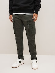 Dark Khaki Green Slim Fit Zip Detail Stretch Cargo Trousers - Image 1 of 9