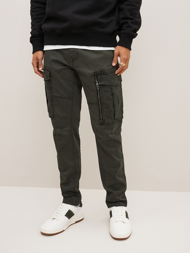 Dark Khaki Green Slim Fit Zip Detail Stretch Cargo Trousers - Image 1 of 9
