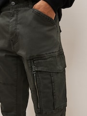 Dark Khaki Green Slim Fit Zip Detail Stretch Cargo Trousers - Image 4 of 9