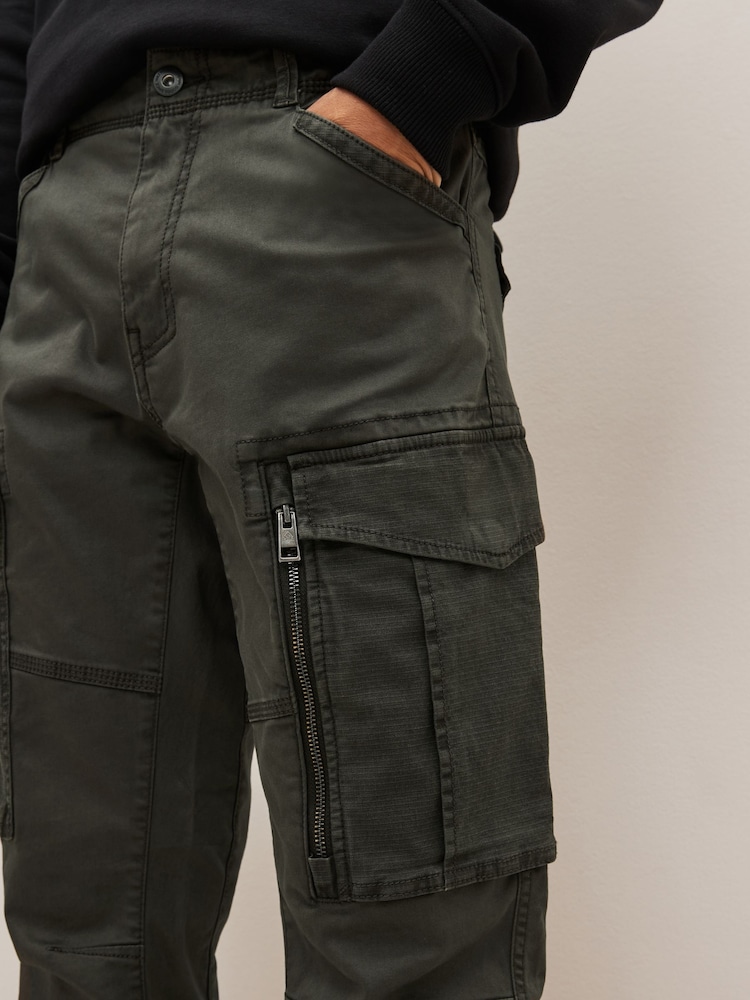 Dark Khaki Green Slim Fit Zip Detail Stretch Cargo Trousers - Image 5 of 9