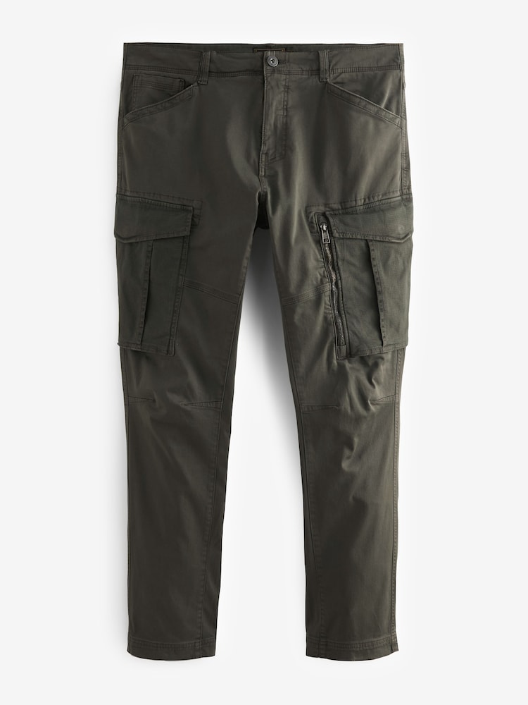 Dark Khaki Green Slim Fit Zip Detail Stretch Cargo Trousers - Image 6 of 9