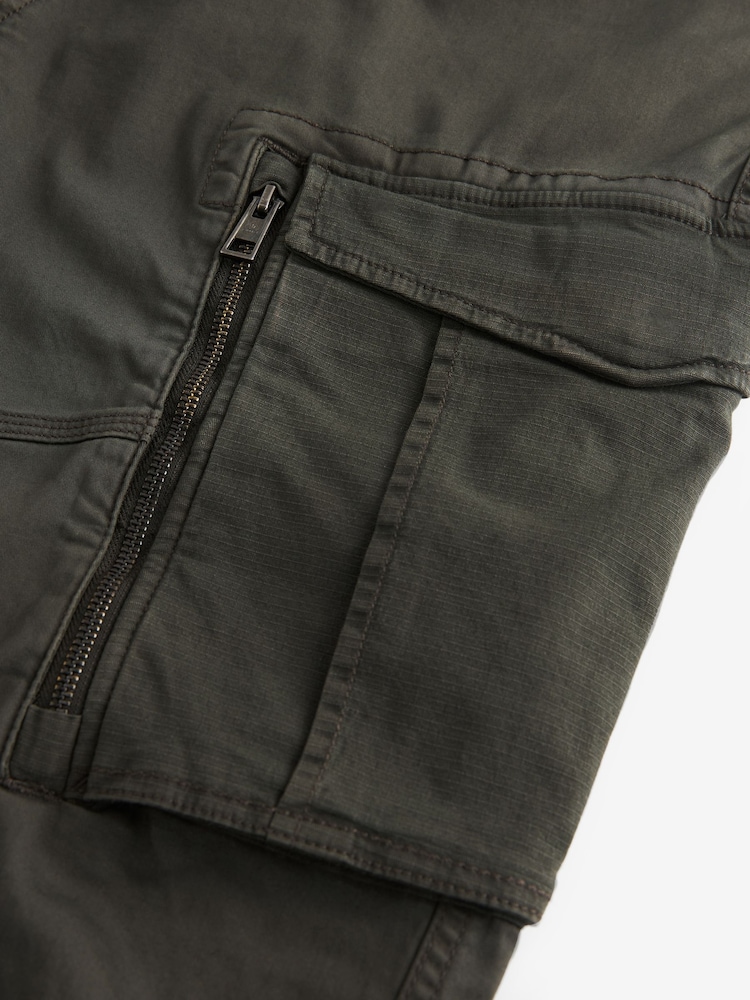Dark Khaki Green Slim Fit Zip Detail Stretch Cargo Trousers - Image 7 of 9