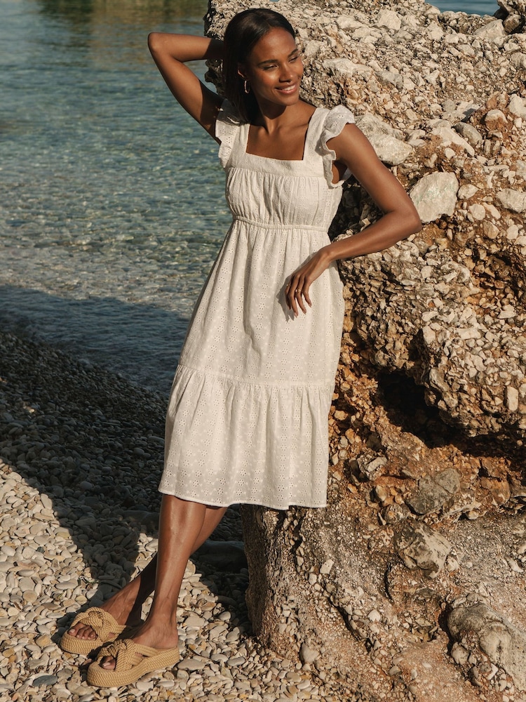 Threadbare White Cotton Broderie Anglaise Midi Smock Dress - Image 2 of 4