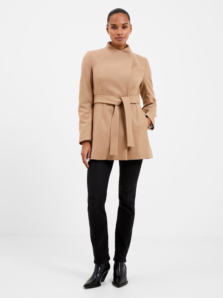 French Connection Beige Platform Felt Crossover Coat - Image 1 of 3