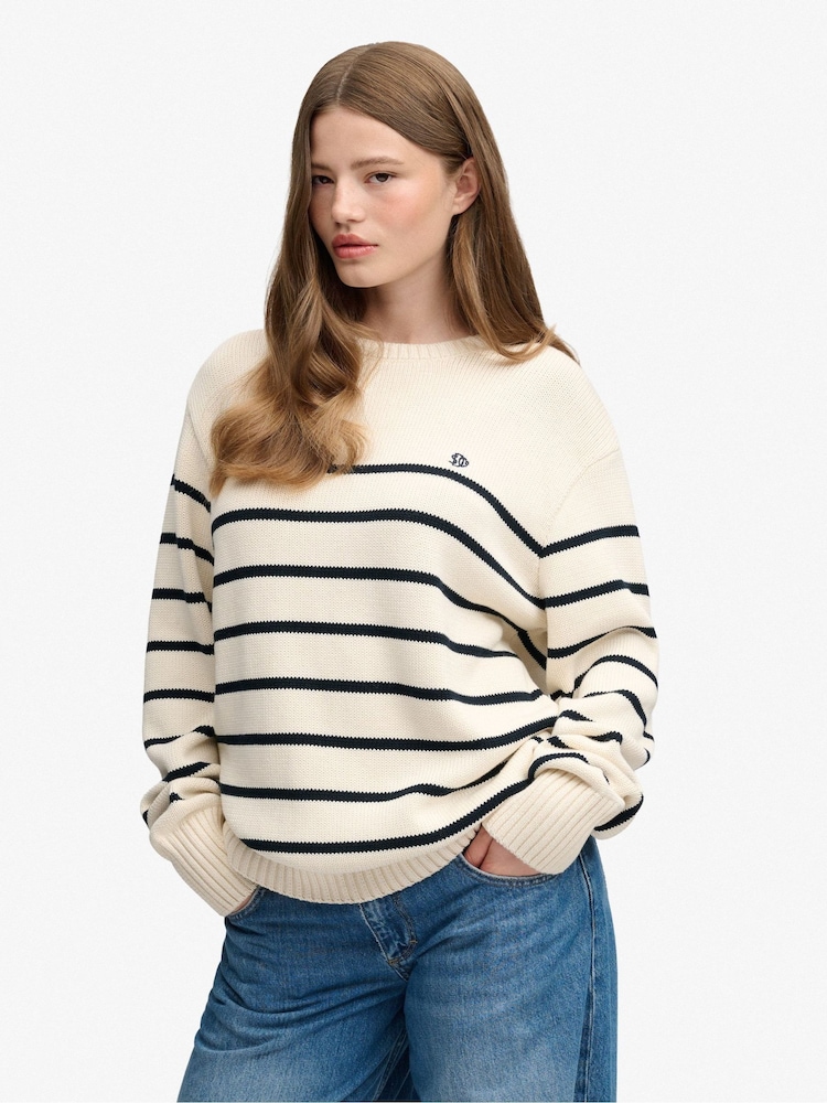 Superdry White Oversized Stripe Jumper - Image 1 of 4 Superdry White Oversized Stripe Jumper - Image 1 of 4