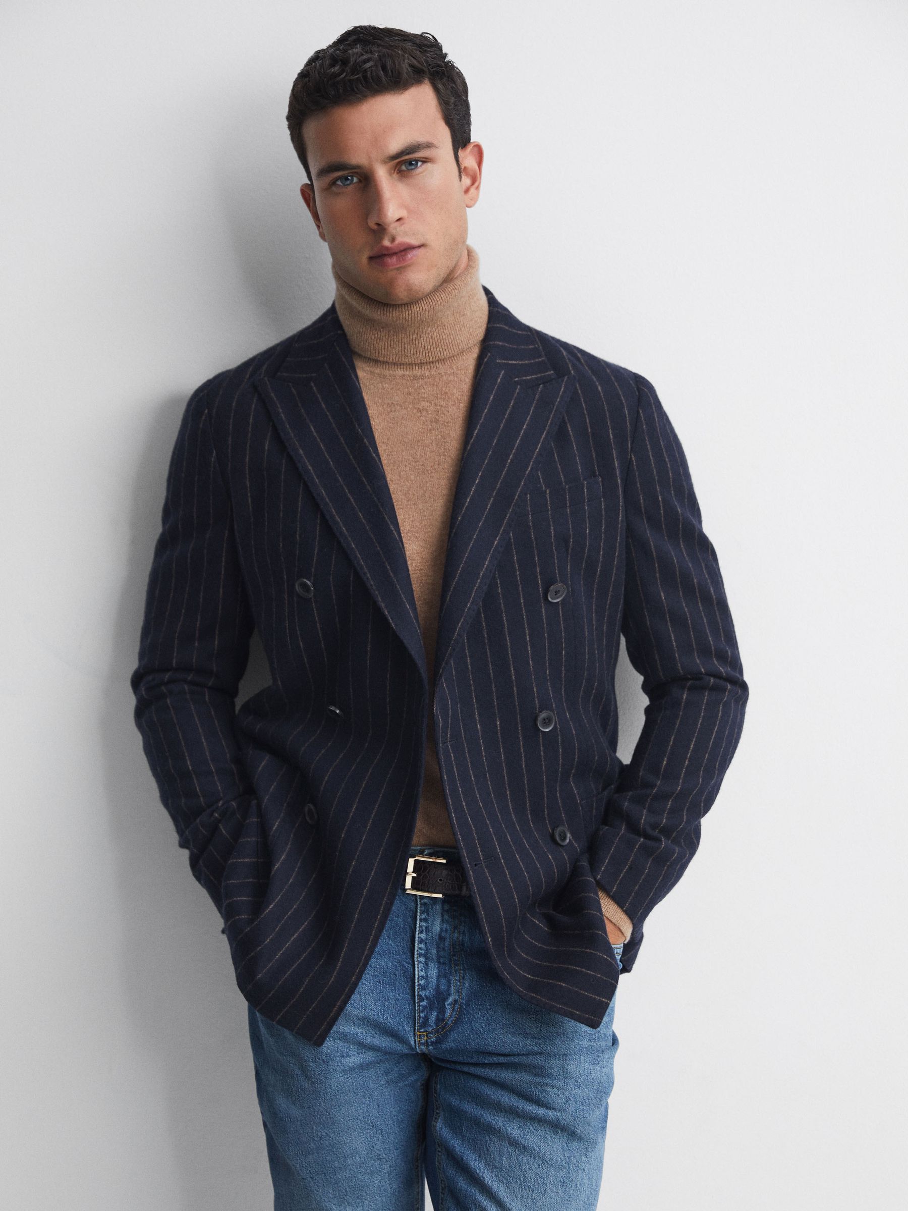 Navy pinstripe blazer online