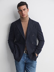 Reiss Navy Patch Slim Fit Wool Double Breasted Pinstripe Blazer - Image 1 of 7