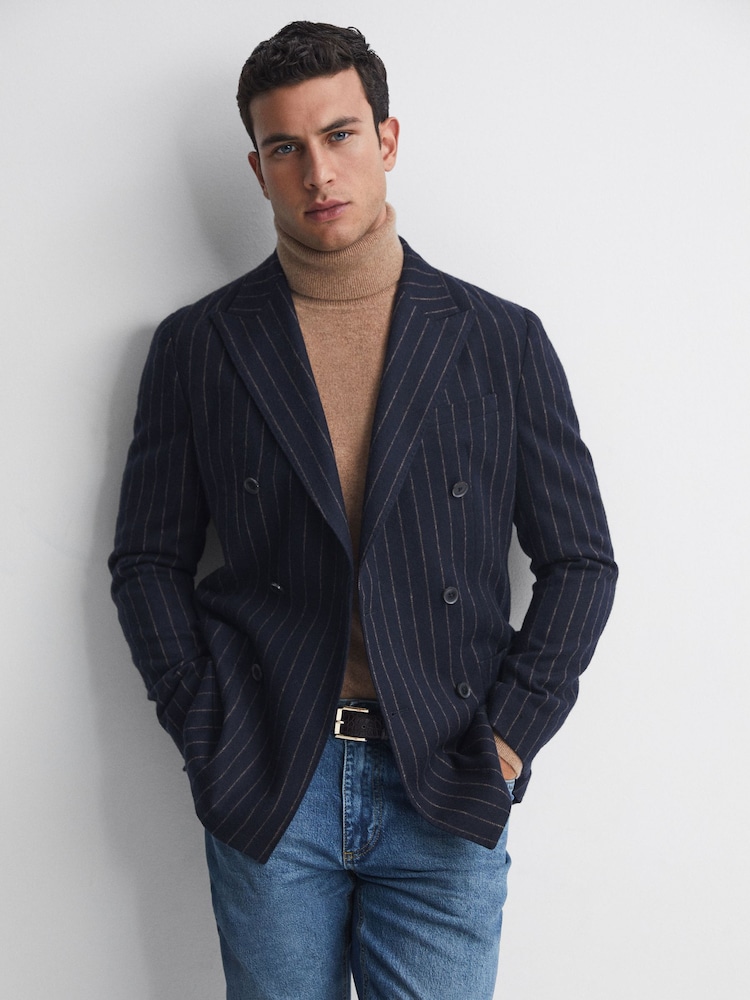 Reiss Navy Patch Slim Fit Wool Double Breasted Pinstripe Blazer - Image 1 of 7