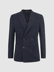 Reiss Navy Patch Slim Fit Wool Double Breasted Pinstripe Blazer - Image 2 of 7