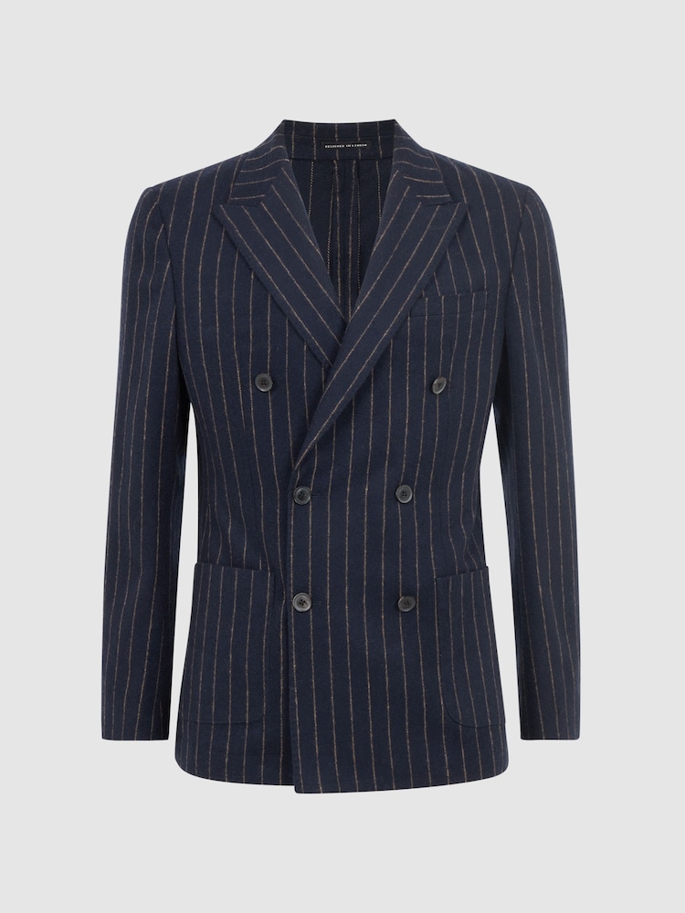 Reiss Navy Patch Slim Fit Wool Double Breasted Pinstripe Blazer - Image 2 of 7