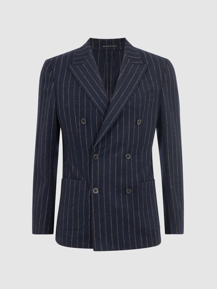 Reiss Navy Patch Slim Fit Wool Double Breasted Pinstripe Blazer - Image 2 of 7 Reiss Navy Patch Slim Fit Wool Double Breasted Pinstripe Blazer - Image 2 of 7