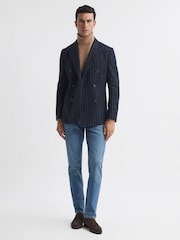 Reiss Navy Patch Slim Fit Wool Double Breasted Pinstripe Blazer - Image 3 of 7