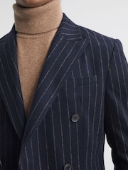 Reiss Navy Patch Slim Fit Wool Double Breasted Pinstripe Blazer - Image 4 of 7