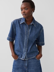 French Connection Blue Denim 100% Cotton Finley Short Sleeve Shirt - Image 1 of 4