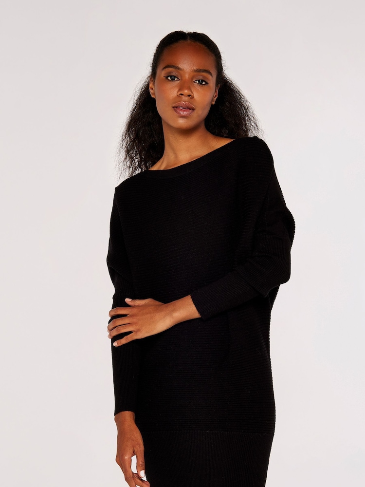 Apricot Black Ribbed Batwing Jumper Dress - Image 1 of 4