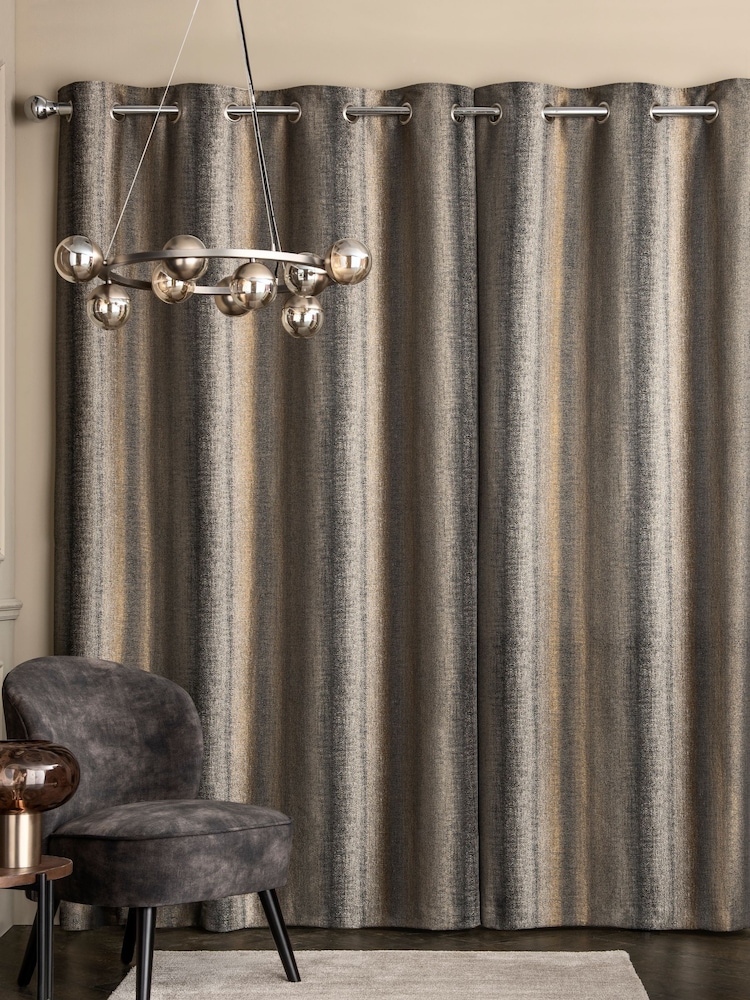 Black/Bronze Gold Metallic Stripe Eyelet Lined Curtains - Image 3 of 4