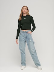 Vert olive - Haut ajusté Superdry côtelé à manches longues - Image 2 de 6