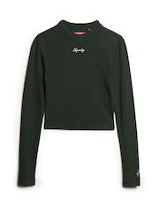Vert olive - Haut ajusté Superdry côtelé à manches longues - Image 4 de 6