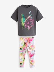 Charcoal Grey Graffiti Oversized T-Shirt And Leggings Set (3-16yrs) - Image 1 of 5