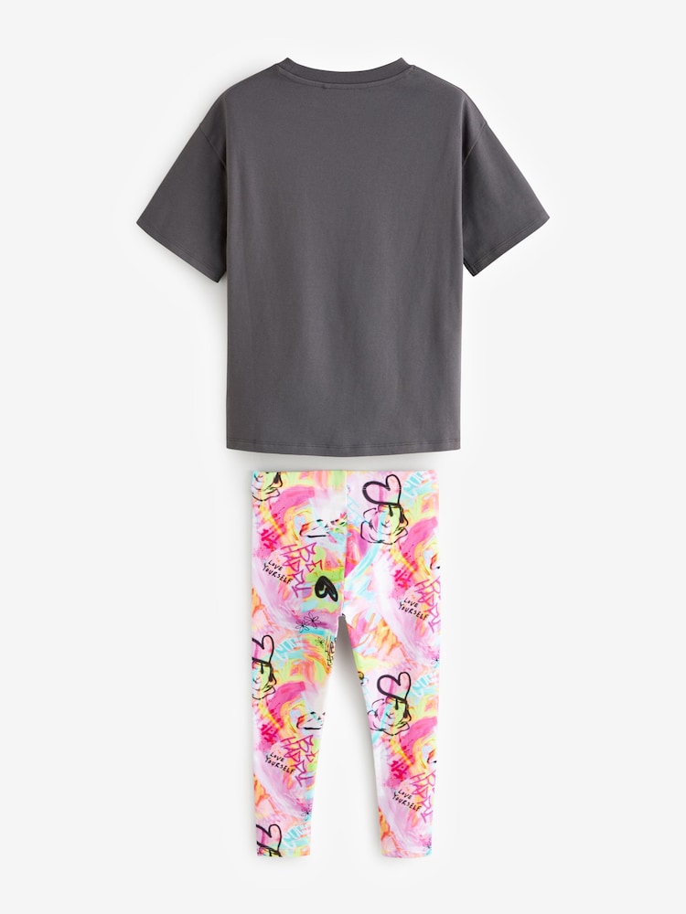 Charcoal Grey Graffiti Oversized T-Shirt And Leggings Set (3-16yrs) - Image 2 of 5