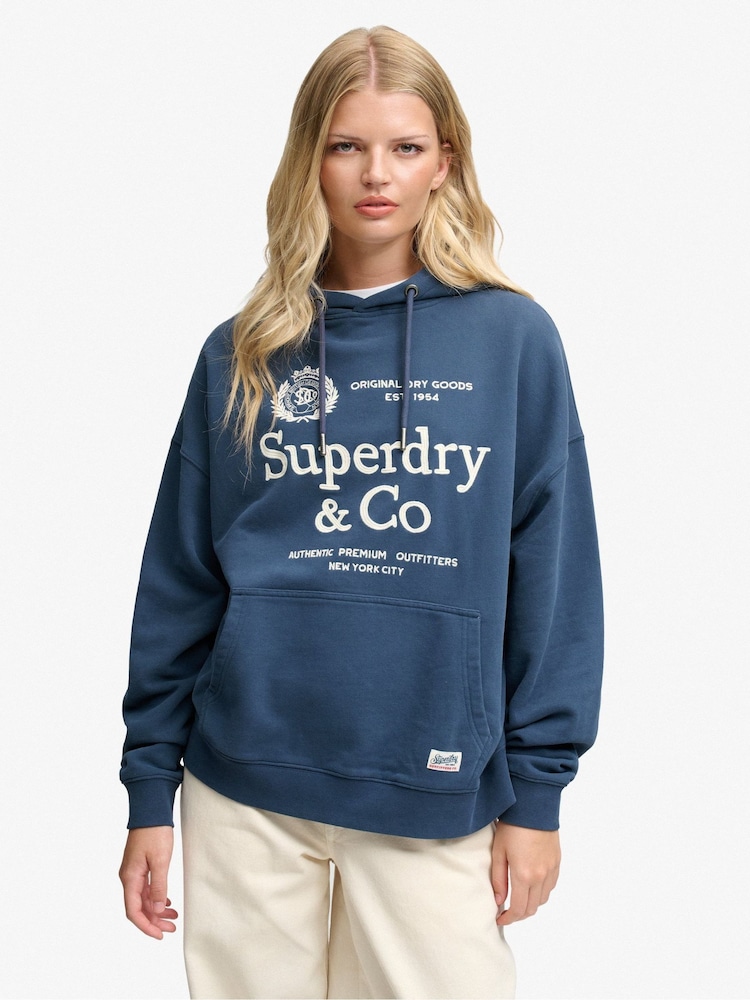 Superdry Blue Luxe Casual Embroidered Relaxed Hoodie - Image 1 of 7