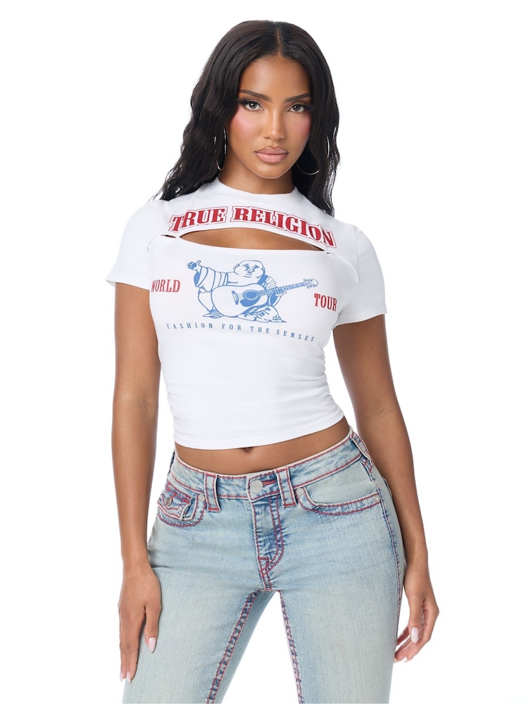 True Religion Black Buddha Ruched Cut Out Top - Image 1 of 4 True Religion Black Buddha Ruched Cut Out Top - Image 1 of 4