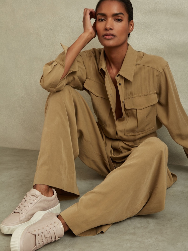 Reiss Nude Leanne Grained Leather Platform Trainers - Image 2 of 5