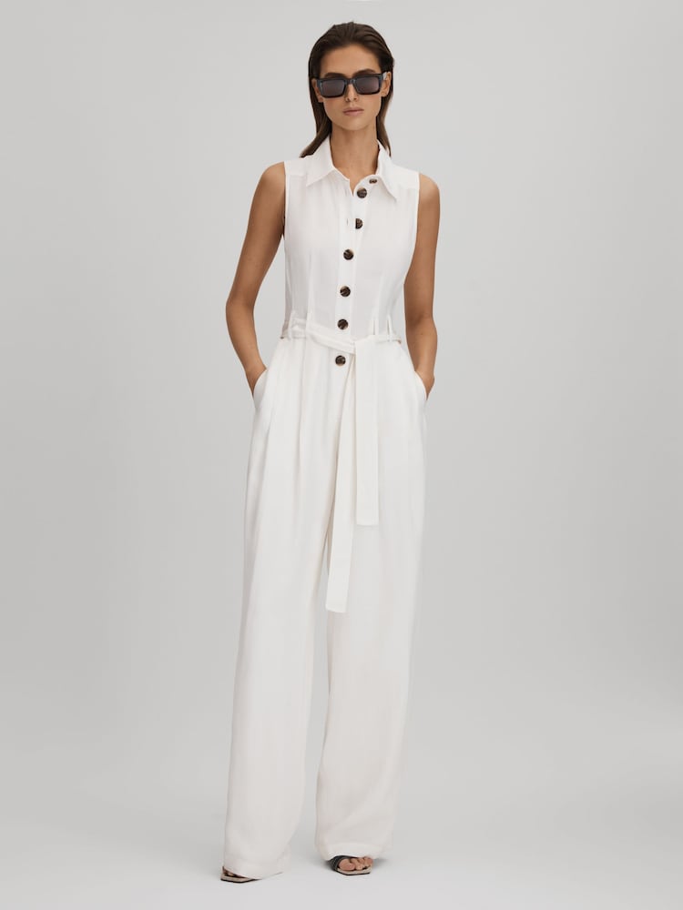 Reiss White Perla Petite Belted Wide Leg Jumpsuit - Image 1 of 7